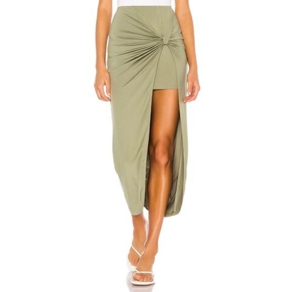 Superdown Marie Midi High Slit Mini Skirt Olive Green Stretchy Size Small - Picture 4 of 11